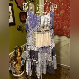Lucky Brand Patchwork Blue Bandana Western Babydoll Dress XL